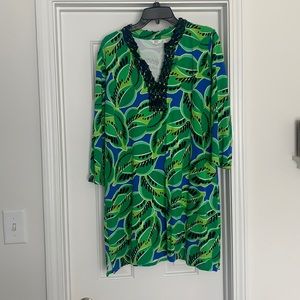 Green and blue print sheath dress